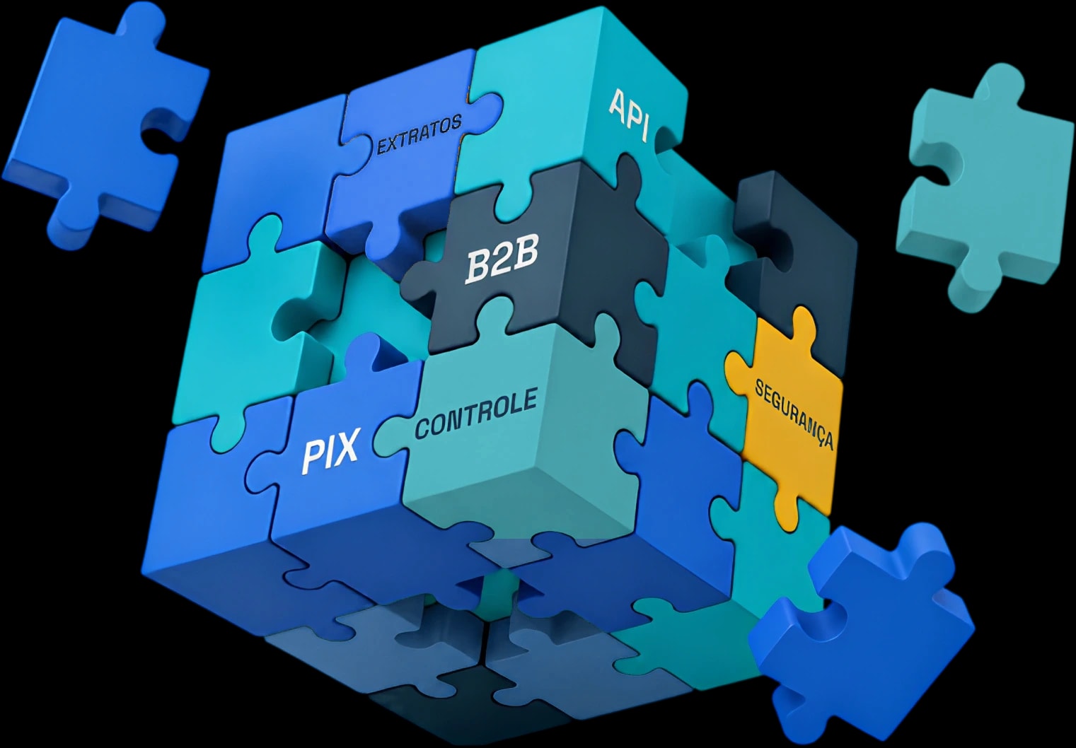 Peças modulares conectadas representando a infraestrutura de pagamentos B2B da MIUPAG