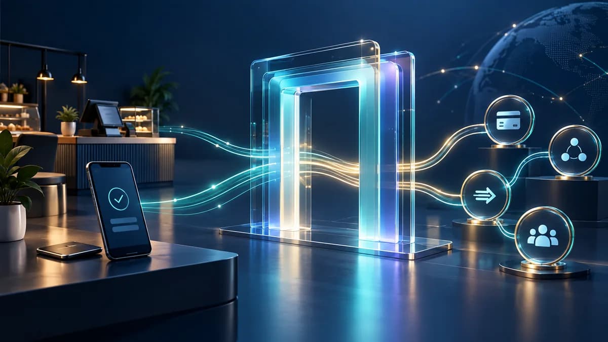 Infraestrutura digital conectando uma empresa, um celular e serviços de pagamento.