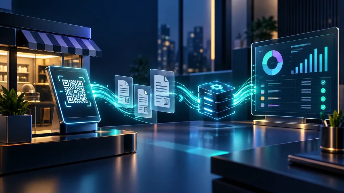 Fluxo empresarial conectando QR Code, cobranças digitais e painel de conciliação.